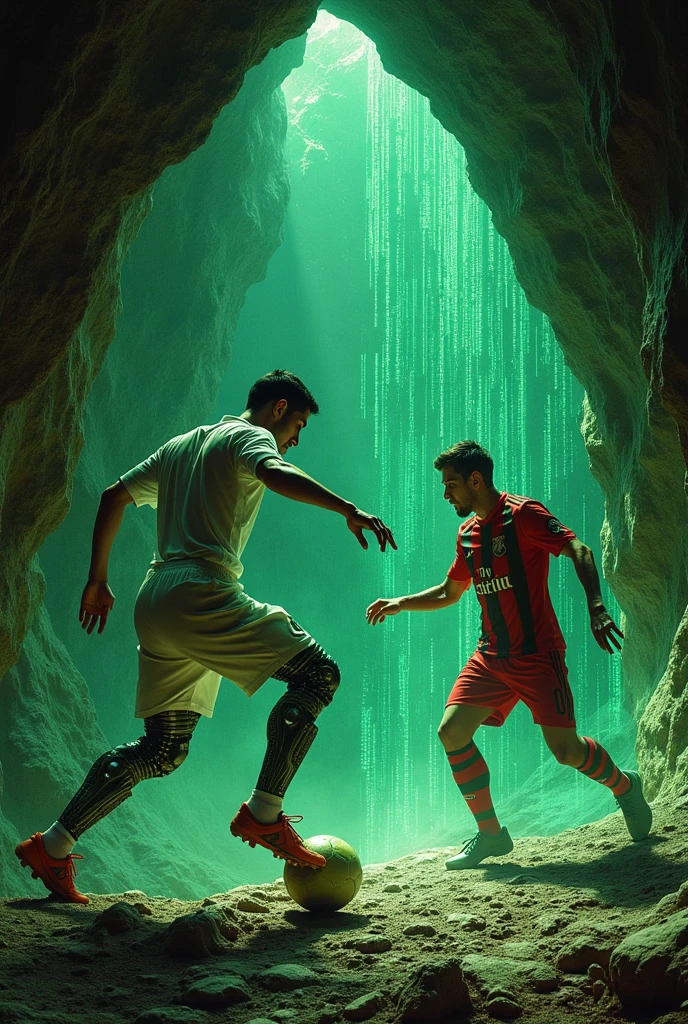 cyborg cristiano ronaldo playing a game of table tennis against the alien messi while they are in the matrix in the form of a cave painting