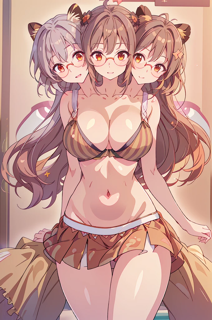 (masterpiece, best quality), best quality, best resolution, (ultra-detailed), (3heads:1.5), 1girl, (mamizou futatsuiwa:1.3), masterpiece, (best quality:1.5, highres, UHD), highres, absurdo, ultra detail, ultra quality, Ultra resolution,, ecru top, crop top, ((stomach)), midriff, ((groin)), red-grey skirt, miniskirt, normal ears, shackles, light brown hair, short hair, wavy hair, sidelocks, brown eyes, parted lips, sirking cute smile, smiling, cute, toned belly, hand on own chest, eyelashes, (26 year old woman:1.3), (masterpiece:1.5), (best quality:1.5), (beautiful detailed), extremely detailed CG, extremely delicate and beautiful, depth of field, (finely detailed face), (perfect details:1.2), (mature female:1.3), wide pelvis, slender, large veiny breast, 16k resolution, very high quality, very high definition, extremely detailed, masterpiece, light brown hair, short hair, alluring presence, twin braid, short skirt, close up, very big breasts, huge breasts, young, shoulder-length hair, tanuki ears, giant striped tail, (tanuki girl:1.4), glasses, (wearing glasses:1.5),