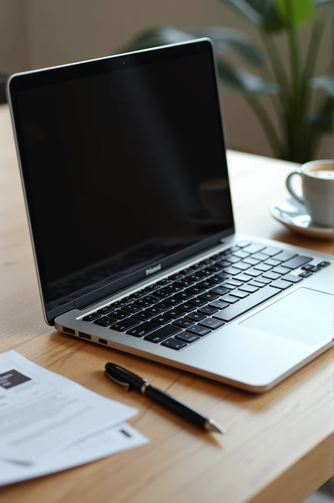 A modern and stylish notebook open on a light wooden table. The notebook screen is on, displaying a minimalist interface or home screen. The backlit keyboard is black with well-defined keys. The surrounding environment is well lit, with a cup of coffee next to the notebook and some papers or a pen nearby, suggesting a work or study environment. The background is simple and blurry, highlighting the notebook as the main focus of the image."