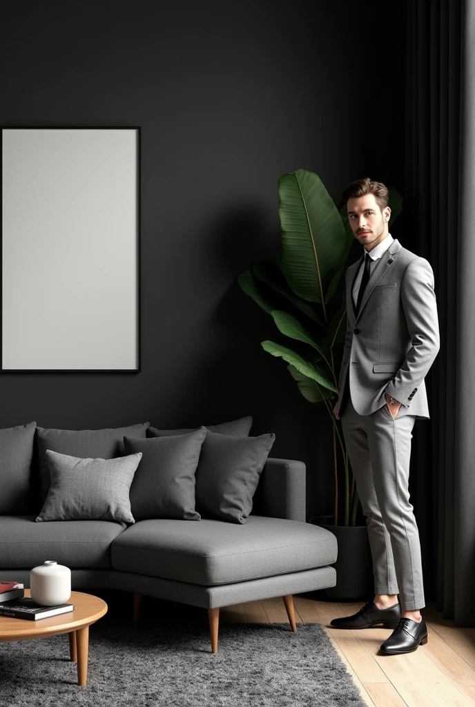 A chic black room with white walls
Plus Gray
