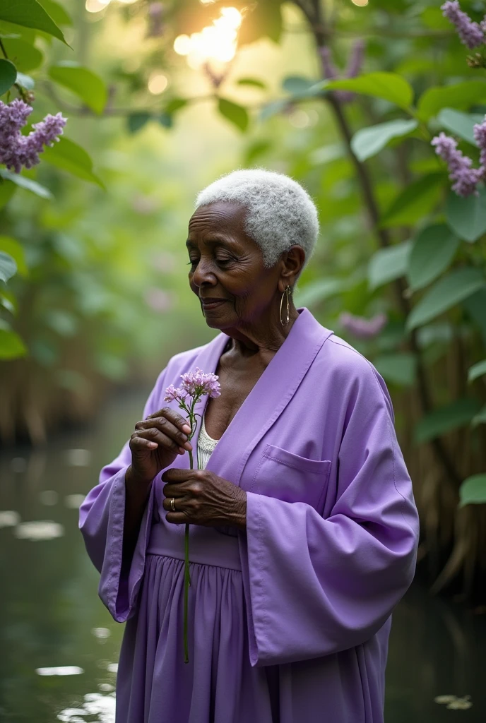 Elderly black woman orisha with short white hair wearing lilac holding a lilac flower in her hand in a swamp