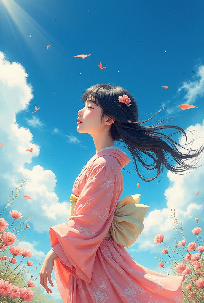 blue sky,Delicate and elegant watercolors, ultra-precision illustrations, high definition, dynamic angles, beautiful details, 8k, illustrations of very beautiful and cute Japanese Taisho girls. She has a smile. The sun shines on her and she has straight black hair. Her hair fluttered in the wind. She is very cute and charming. Careful and delicate illustrations.