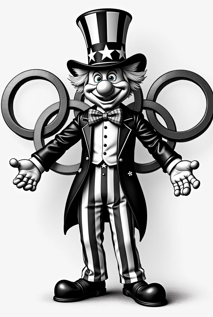 uncle sam mascot from the 1984 olympics in black and white 
