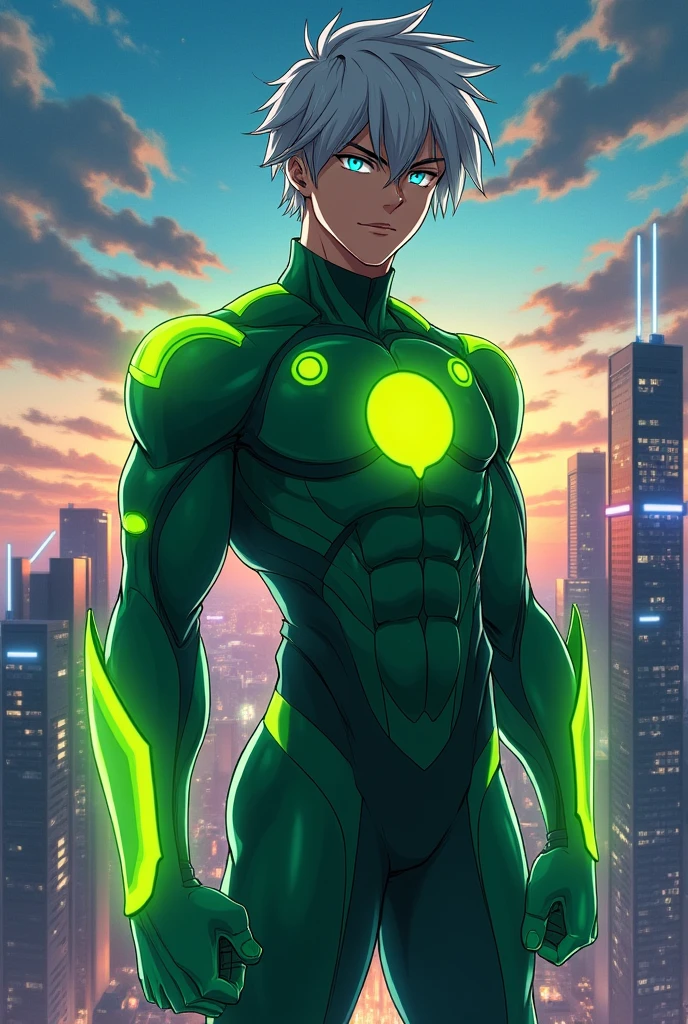 Anime man 22 years old hero costume dark green and light green color,short gray hair blue eyes fluorescent yellow, pale brown skin