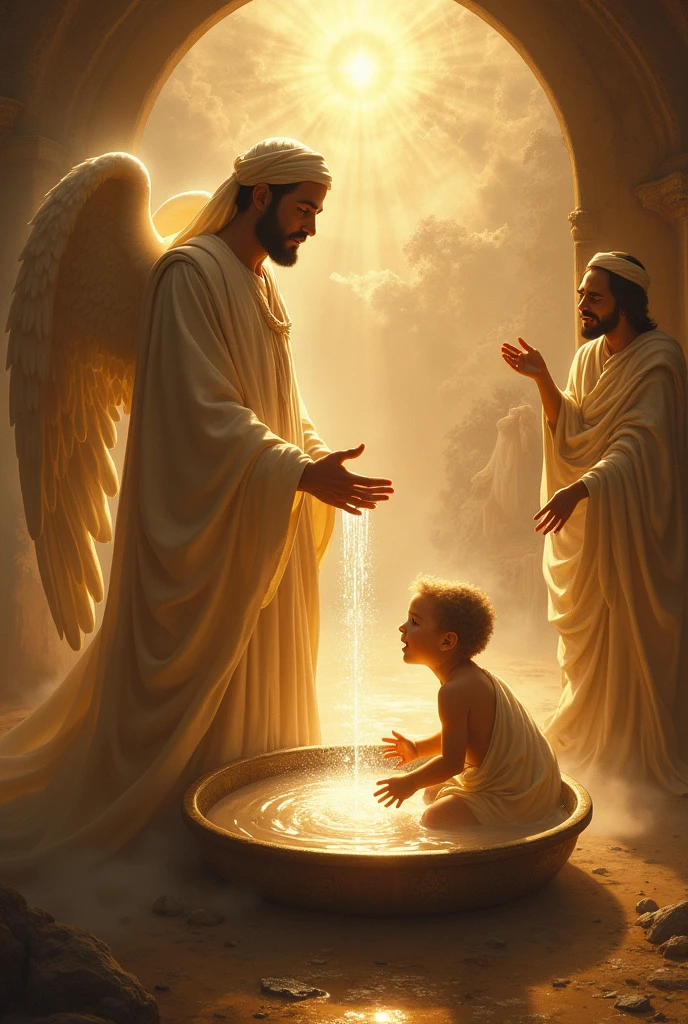 "Angel Jibril washing the heart of Prophet Muhammad in a basin of pure light, surrounded by celestial beings."
May the face of the child and the angels be of light