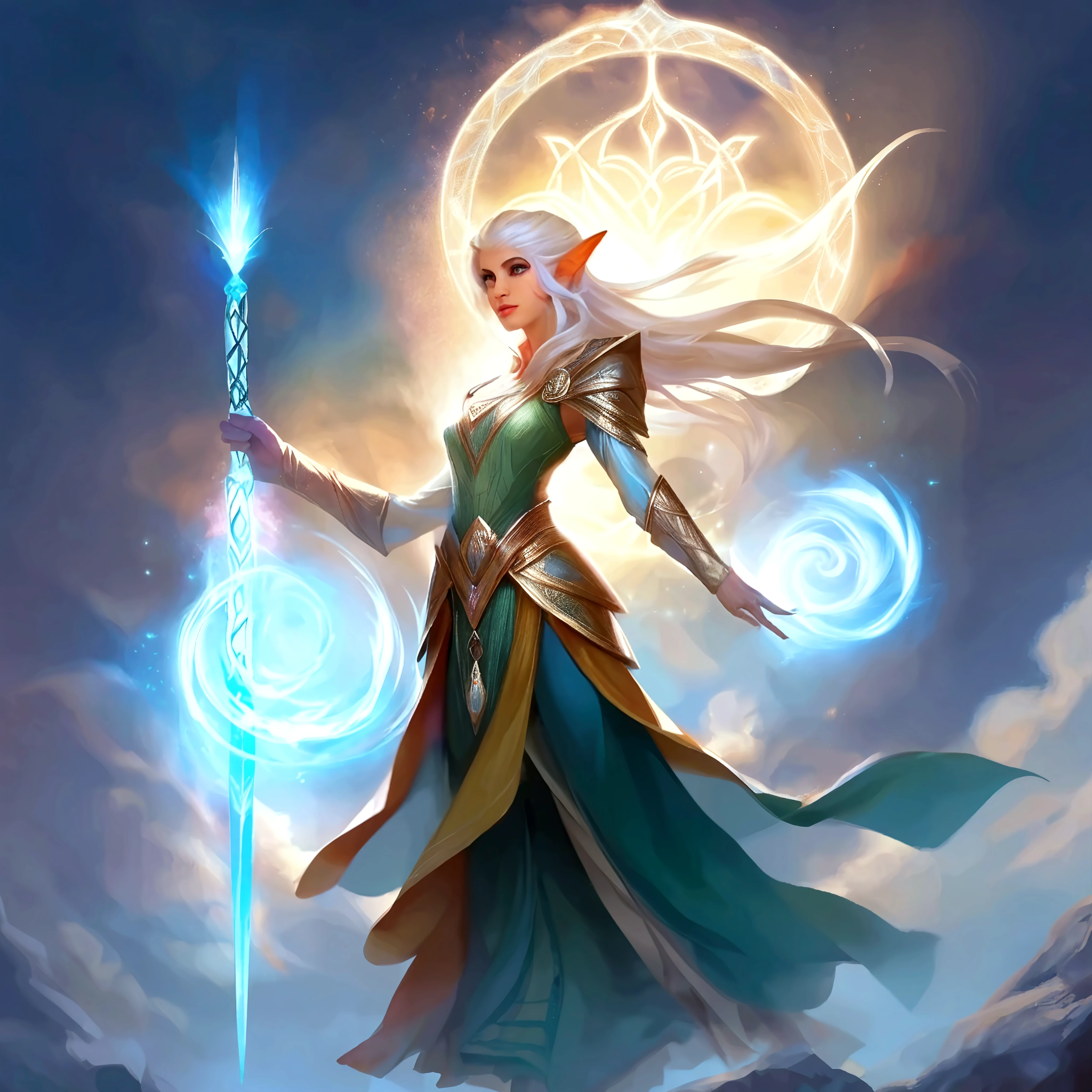 ethereal fantasy concept art of a brave elf dnd wizardess . magnificent, celestial, ethereal, painterly, epic, majestic, magical, fantasy art, cover art, dreamy, full body shot, staff in right hand, surrounded by runes of light, dynamic pose