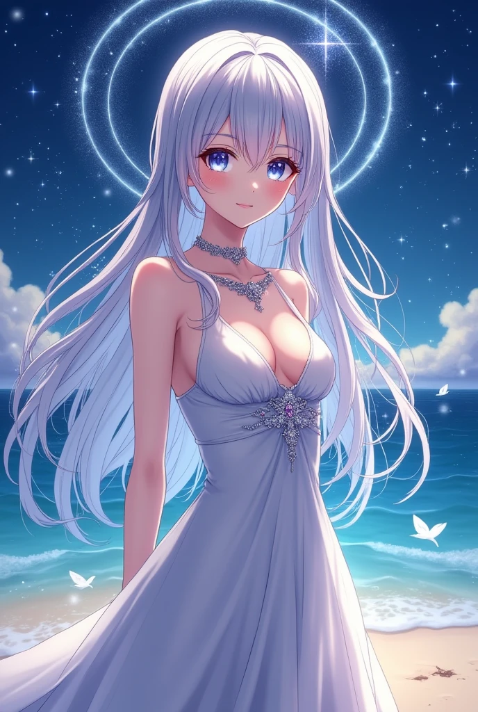 (masterpiece、Highest quality、8k、High resolution)、One female、(Beautiful Face、Beautiful Face)、Beautiful eyes、Beautiful lips、Beautiful nose、Silver blonde hair、(The best anime girl)、Sandy beach with a view of the forest、A bright night with stars visible、体whole bodyから神秘的な光の粒子、Mysterious light around the head、jewelry、necklace、dress、(whole body)、Highly detailed anime art、A complete portrayal、
