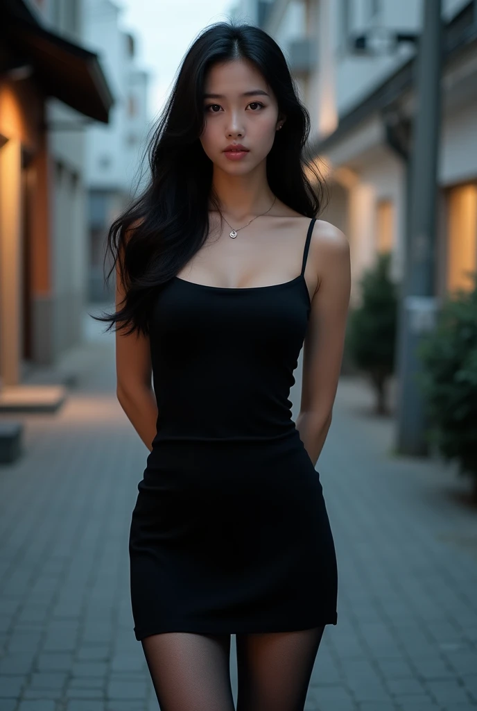 (photorealism:1.2), beautiful korean, 35 years, full breasts, front view, long hair, short sleeveless black dress, black stockings, black heels, hands behind back, crying, full body