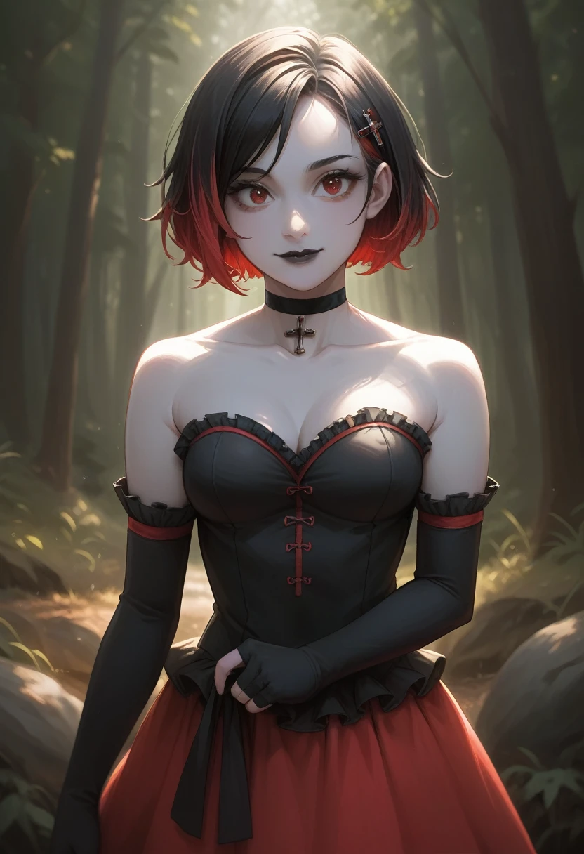 1girl, solo, red eyes, black hair, red hair, multicolored hair, two-tone hair, short hair, streaked hair, hairclip, hair ornament, black lips, makeup, colored skin, grey skin, skirt, black dress, strapless dress, frilled dress, red skirt, bare shoulders, detached sleeves, black gloves, elbow gloves, fingerless gloves, cross, black choker, smile,closed mouth,cowboy shot, forest,outdoor, (insanely detailed, beautiful detailed face, masterpiece, best quality) cinematic lighting