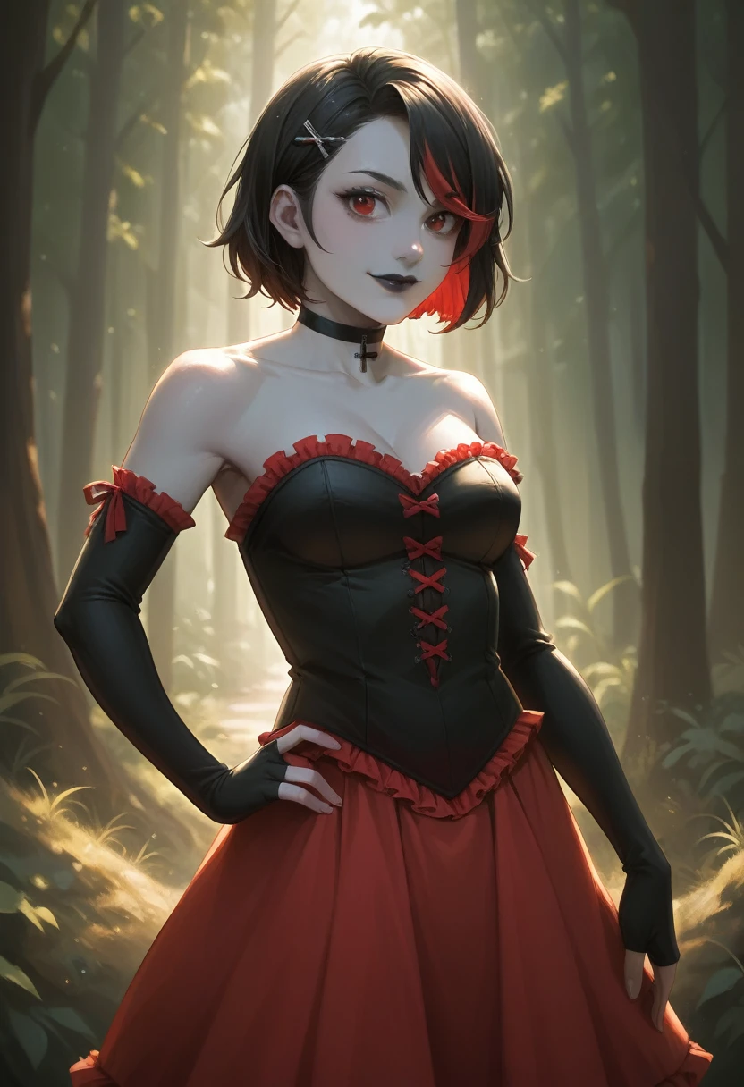 1girl, solo, red eyes, black hair, red hair, multicolored hair, two-tone hair, short hair, streaked hair, hairclip, hair ornament, black lips, makeup, colored skin, grey skin, skirt, black dress, strapless dress, frilled dress, red skirt, bare shoulders, detached sleeves, black gloves, elbow gloves, fingerless gloves, cross, black choker, smile,closed mouth,cowboy shot, forest,outdoor, (insanely detailed, beautiful detailed face, masterpiece, best quality) cinematic lighting