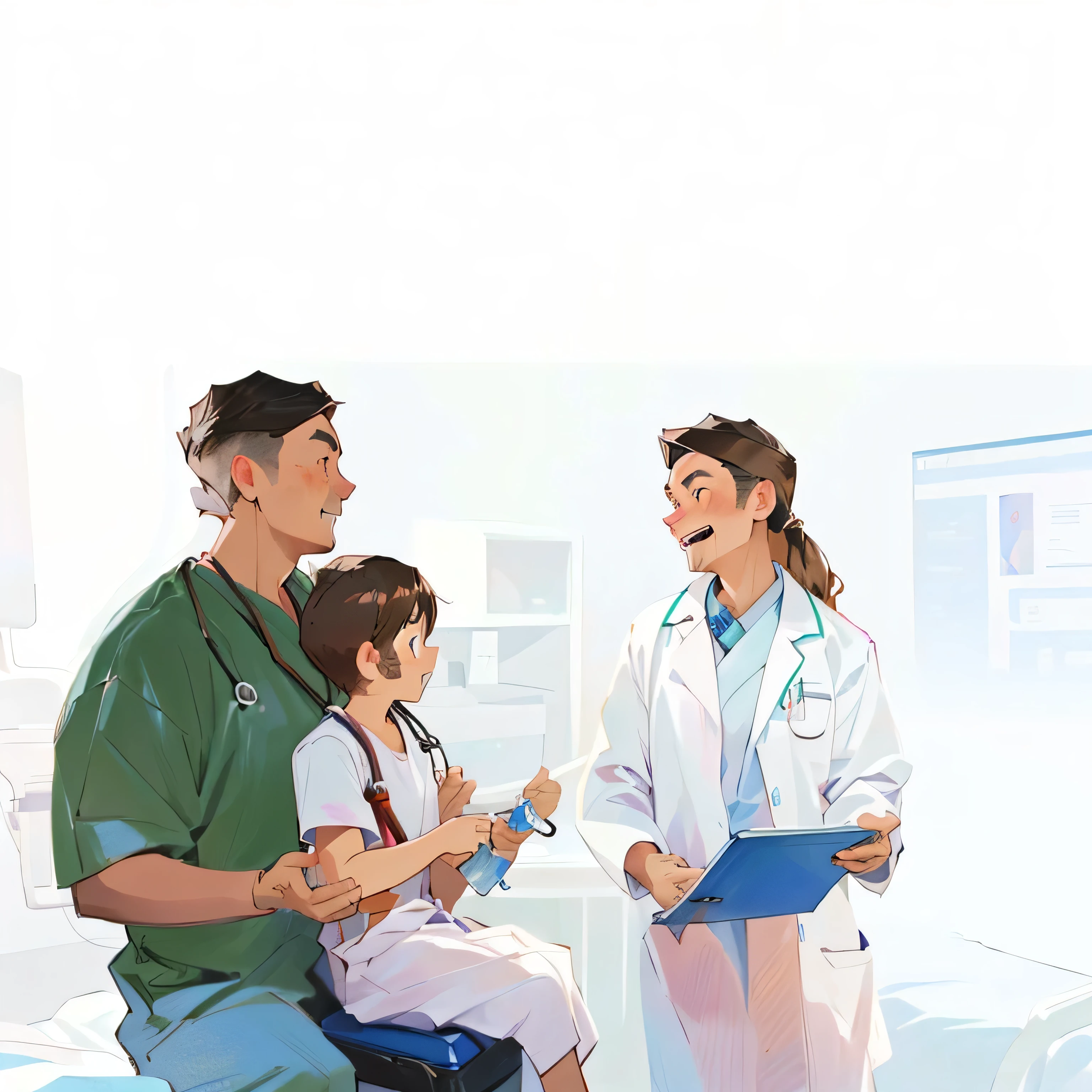 Father，Father and son，dentisit，Look at the teeth，女doctor，arafed doctor talking to a  and boy in a hospital, medical image, medical, health care, clinic, clean medical environment, picture, doctor, medical doctor, full image, Real images, (doctor), Health Supporter, Available images, aldult, medical photography, unique design, 3945074687