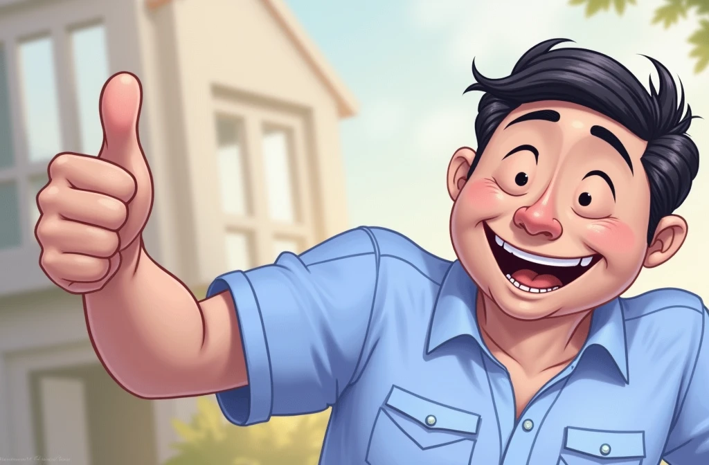 Cartoon character of a man blue shirt, age 45, an animated character, stylized character, animation style rendering, 3d stylized, A smiling man in a light blue short-sleeve shirt gives a thumbs-up gesture with his right hand. He has short, dark hair and appears to be in a casual outdoor setting, with a blurred background of warm, neutral tones. His expression conveys happiness and enthusiasm.