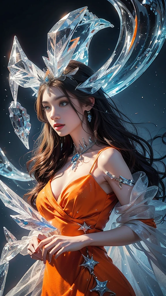 a beautiful ice goddess, good face, happy face, very long hair, realistic eyes, small breasts, ice magician, ice elemental, intricate design and details, chilling mist, cold, blizzard storm, conjuring ice spell, casting ice spell, detailed dress, (orange dress:1.5), realistic ice effect, ((ice:1.5)), snow particles, dark fantasy art style, ruined city, dramatic lighting, cinematic,