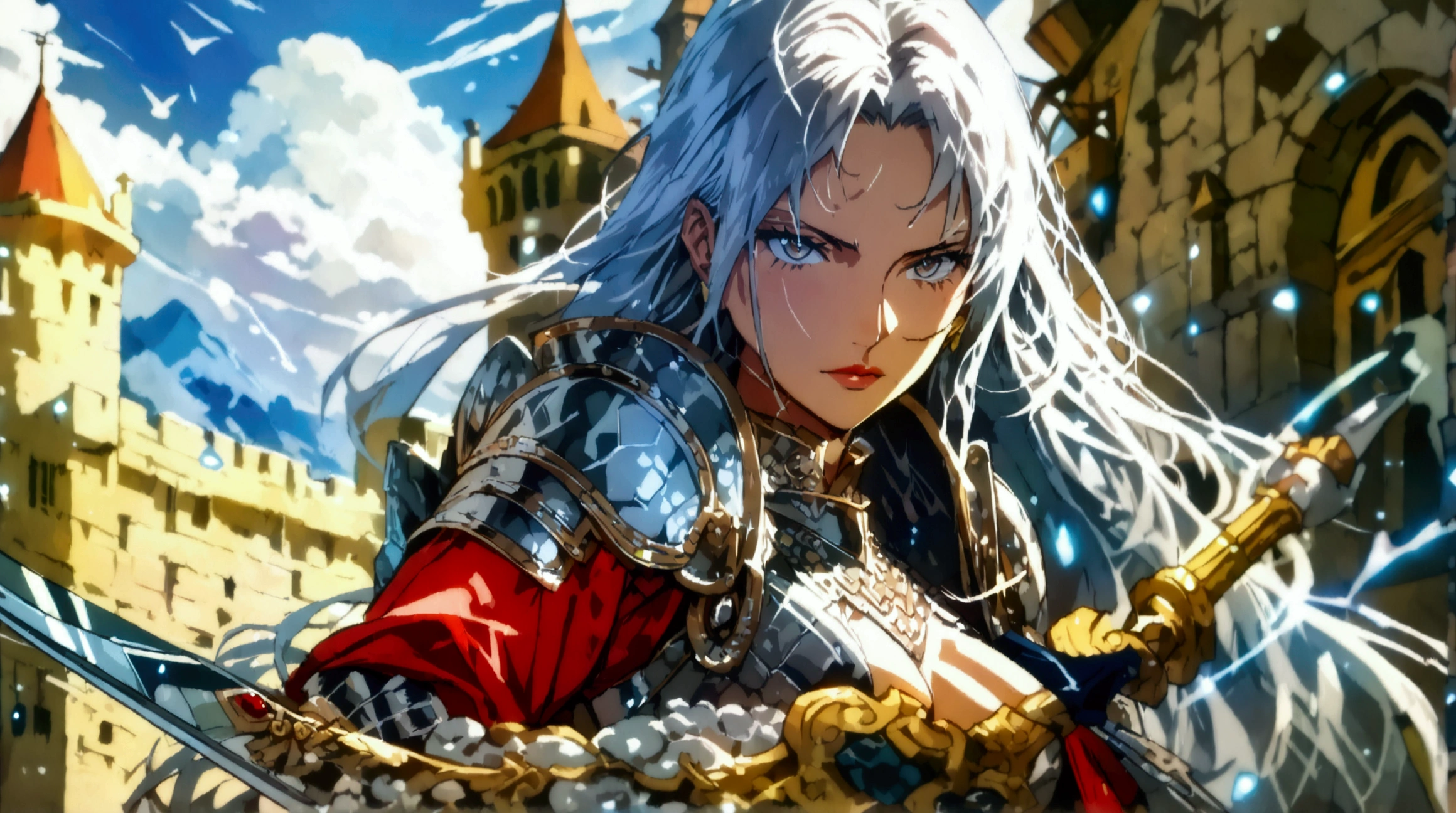 Woman, long silver hair, silver tone eyes, silver warrior armor, silver sword, ancient castle background, ((Intricate anime character design inspired by One Piece)), ((Stunning lighting)), ((Fine lines)), ((Stunning focus)), ((Centered character)), ((Stunning face)), ((Detailed focus)), ((Detailed background)), ((Ultra-fine 2D design)), ((Creative backdrop)), ((2D masterpiece)), ((Best quality)), ((8K anime style))
