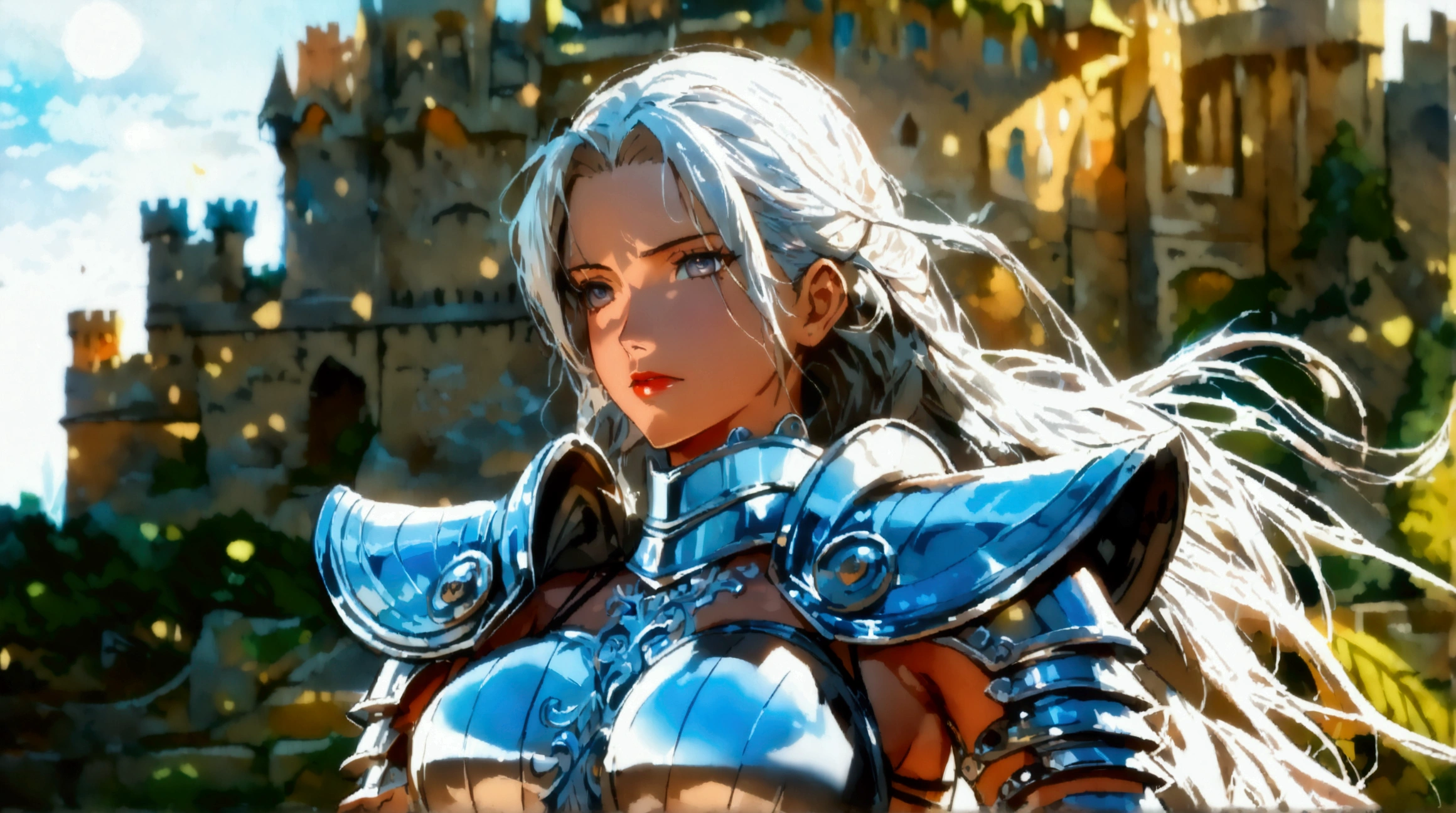 Woman, long silver hair, silver tone eyes, silver warrior armor, silver sword, ancient castle background, ((Intricate anime character design inspired by One Piece)), ((Stunning lighting)), ((Fine lines)), ((Stunning focus)), ((Centered character)), ((Stunning face)), ((Detailed focus)), ((Detailed background)), ((Ultra-fine 2D design)), ((Creative backdrop)), ((2D masterpiece)), ((Best quality)), ((8K anime style))