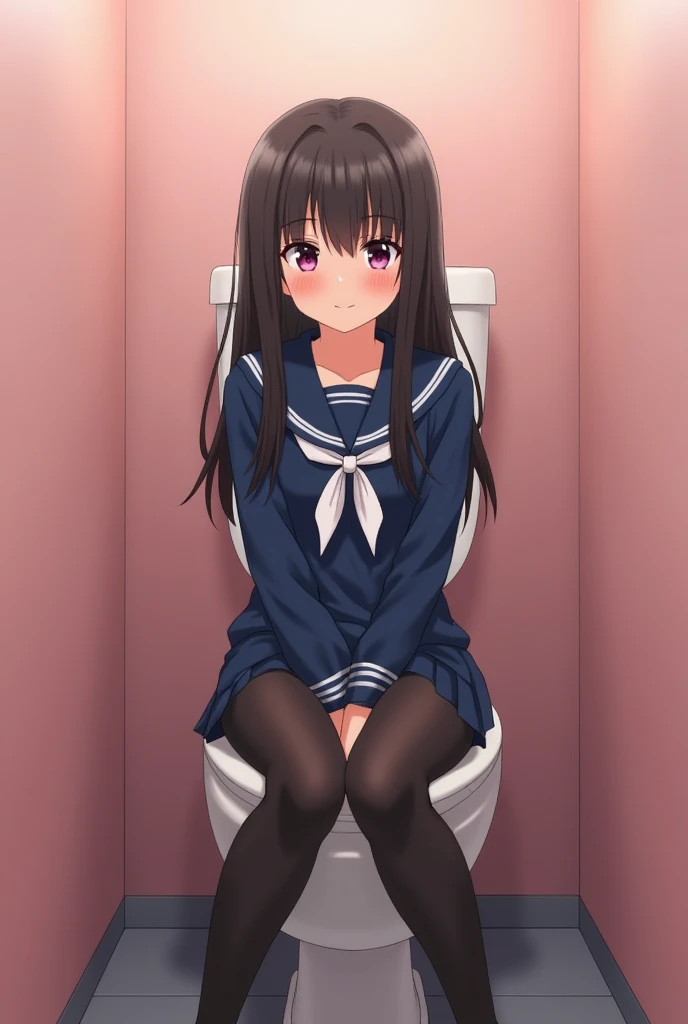 NSFW, Dark-haired girl squatting and trembling,Girl,Petite girl,Girl with flat chest,Girl in sailor suit,Girl in black pleated skirt,tucking up the skirt,Green eyes,Shy look,Eyes moistened with tears,Red face,Sweating,Pee dripping from the crotch,schools,hallway,Clothes are wet and see-through,There are puddles on the floor,Steaming,