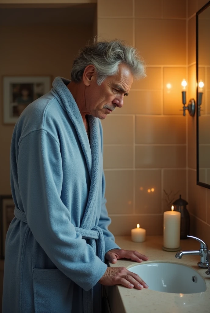 create an image for an ad showing a 45-year-old man in the bathroom having difficulty urinating because he has prostate problems