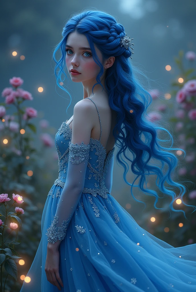 A brunette girl with blue hair,blue eyes,with hair up and down at the same time,with a long blue dress