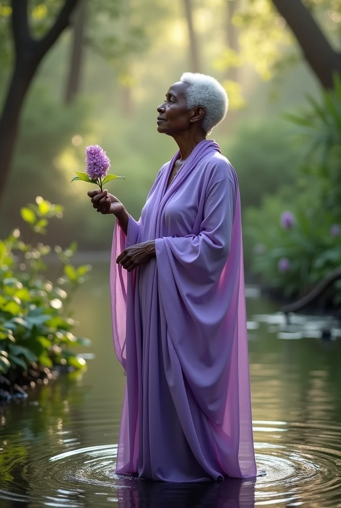 Elderly black woman orisha with short white hair wearing lilac holding a lilac flower in her hand in a swamp