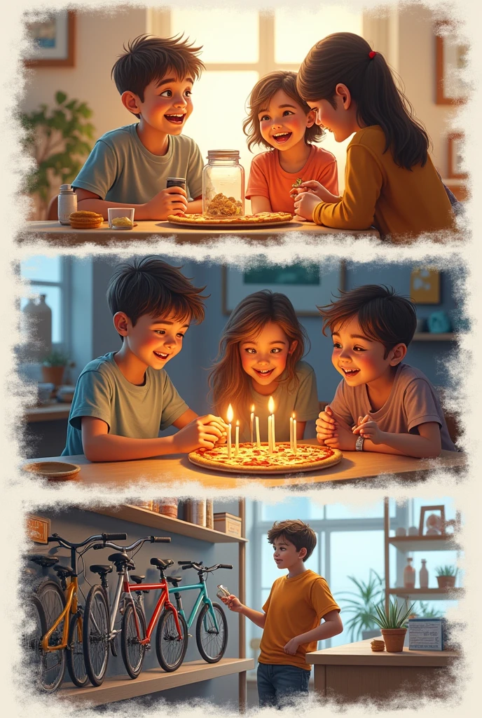 Scene of a student checking his savings jar with a smile and his sister on the side celebrating his effort Scene of the student with his mother and sister celebrating with a pizza Scene of a student in a bike shop looking at the one he wants to buy Scene of a young man paying for his bike in the shop All on one sheet vertically in 4 colorless vignettes