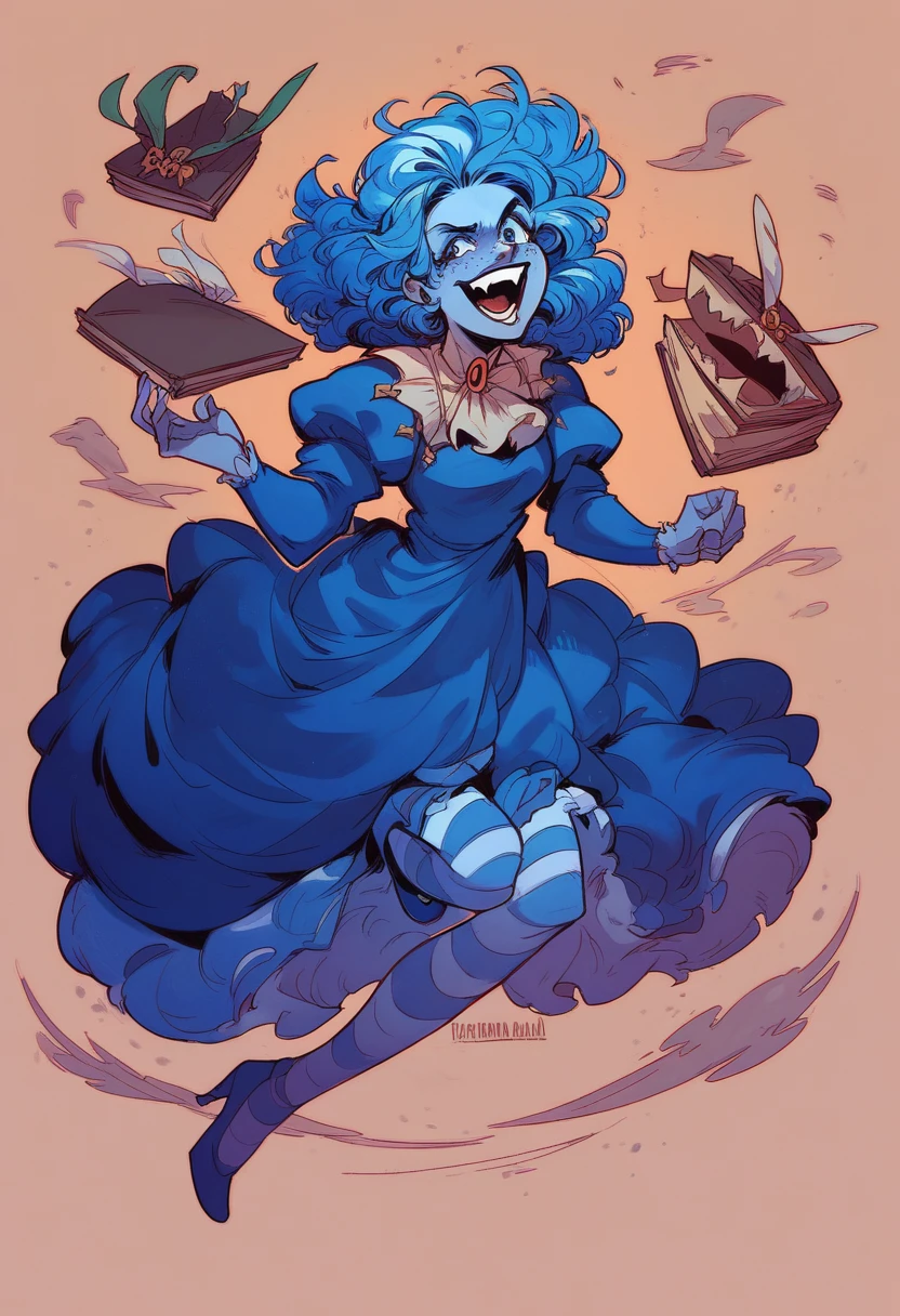 frankelda, 1girl, solo, dress, striped, blue hair, puffy sleeves, high heels, colored skin, freckles, blue striped stockings, floating, evil laughing