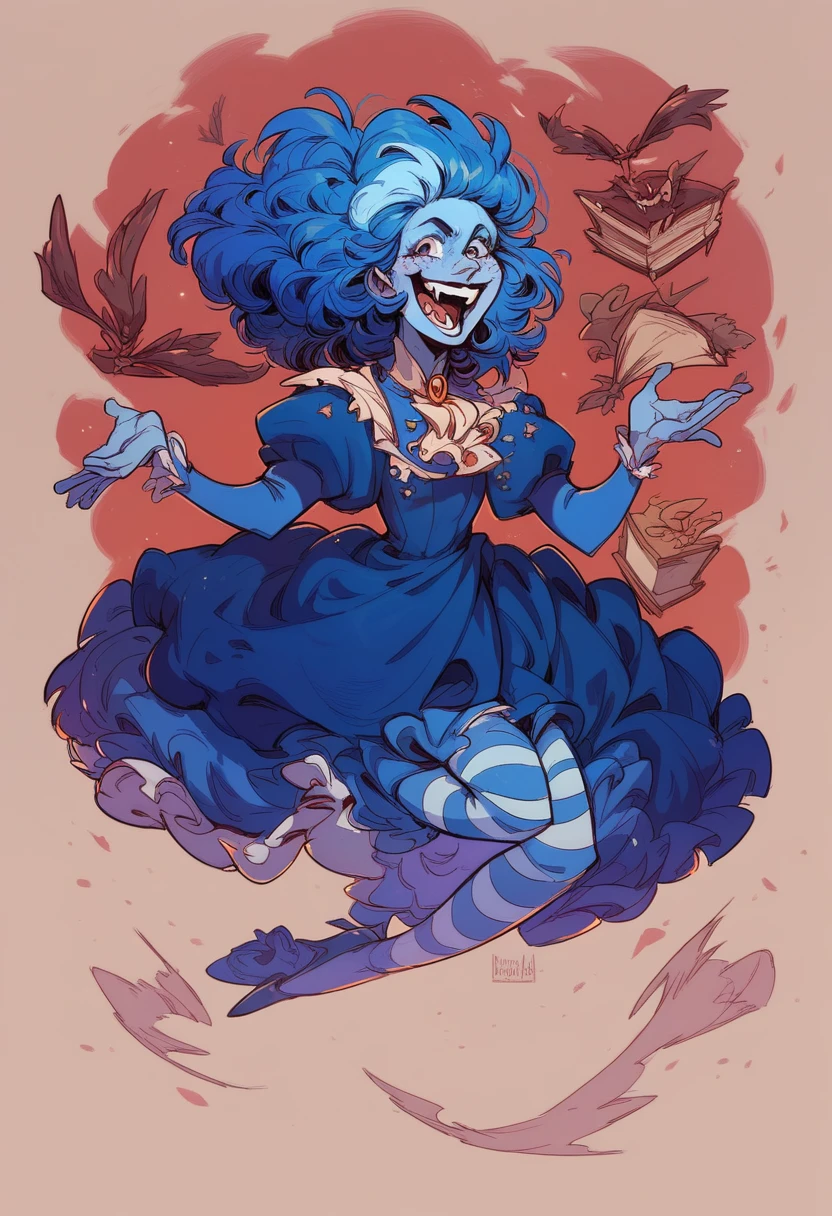 frankelda, 1girl, solo, dress, striped, blue hair, puffy sleeves, high heels, colored skin, freckles, blue striped stockings, floating, evil laughing