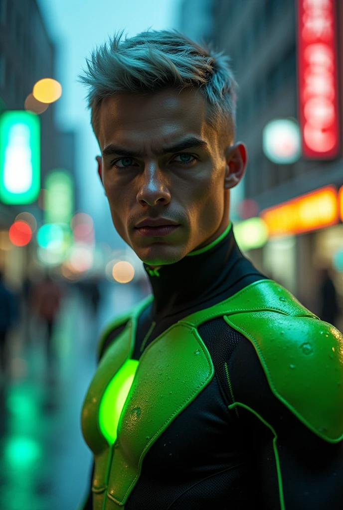 Anime man 22 years old hero costume dark green and light green color,short gray hair blue eyes fluorescent yellow, pale brown skin