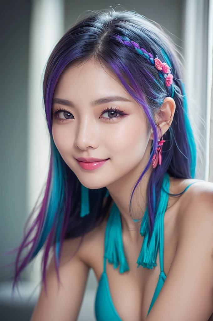 high quality, real、High resolution, Realistic、8k、masterpiece, detailed.impressive, Cutting-edge female photography portraits, Mini Bikini、Soft look、smile、Mid Shot、Looking at the camera、Facing forward、cyan, and purple, Her vibrant makeup really catches the eye.. Her colorful hair is tied up high、Various hair colors