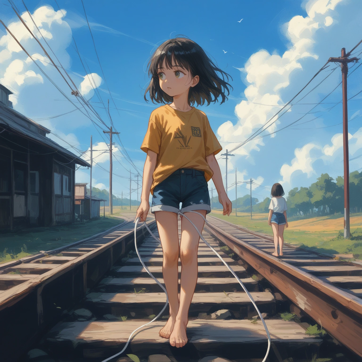 score_9, score_8_up, score_7_up, score_6_up, score_5_up, score_4_up, masterpiece, best quality, source_アニメ,2d、flat、1girl, 12yo、black hair,longhair is short-sleeved、Shorts、 Look to the side、blue sky、Old railway、electric wire、barefoot