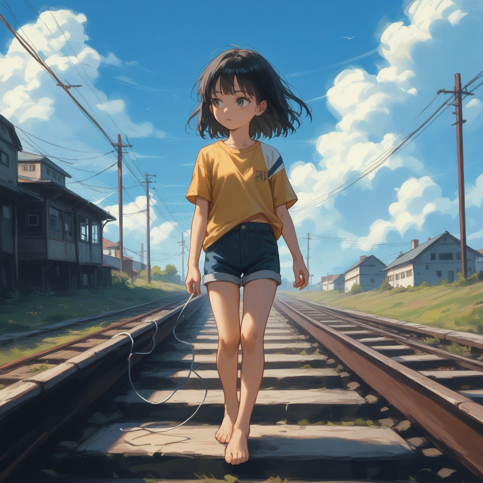 score_9, score_8_up, score_7_up, score_6_up, score_5_up, score_4_up, masterpiece, best quality, source_アニメ,2d、flat、1girl, 12yo、black hair,longhair is short-sleeved、Shorts、 Look to the side、blue sky、Old railway、electric wire、barefoot