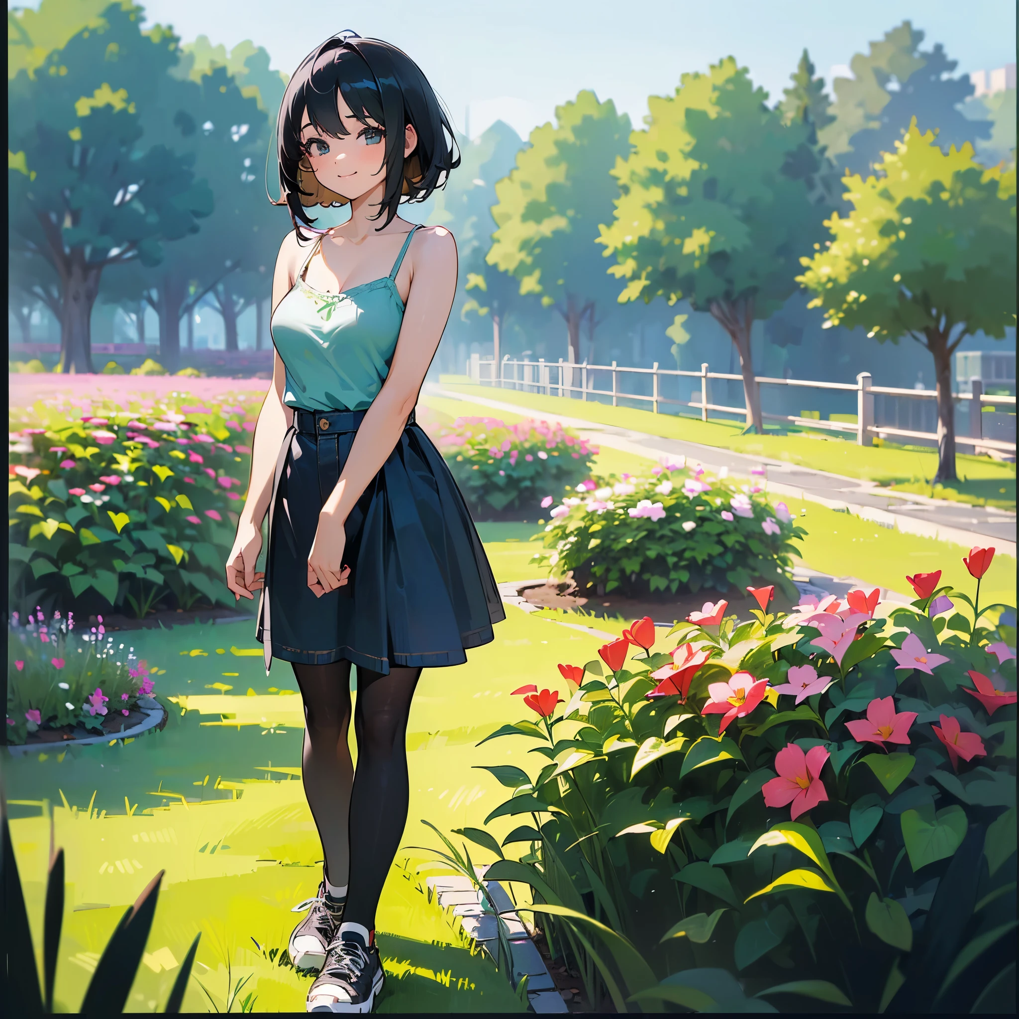 (high quality, High resolution, Very detailed, reality:1.37), Peaceful atmosphere, (Outdoor, garden), Teenage girl standing alone, (my breasts are big.), Beautiful details, Cute Smile, (Black bob hair), camisole, Denim skirt, Black tights, sneakers.