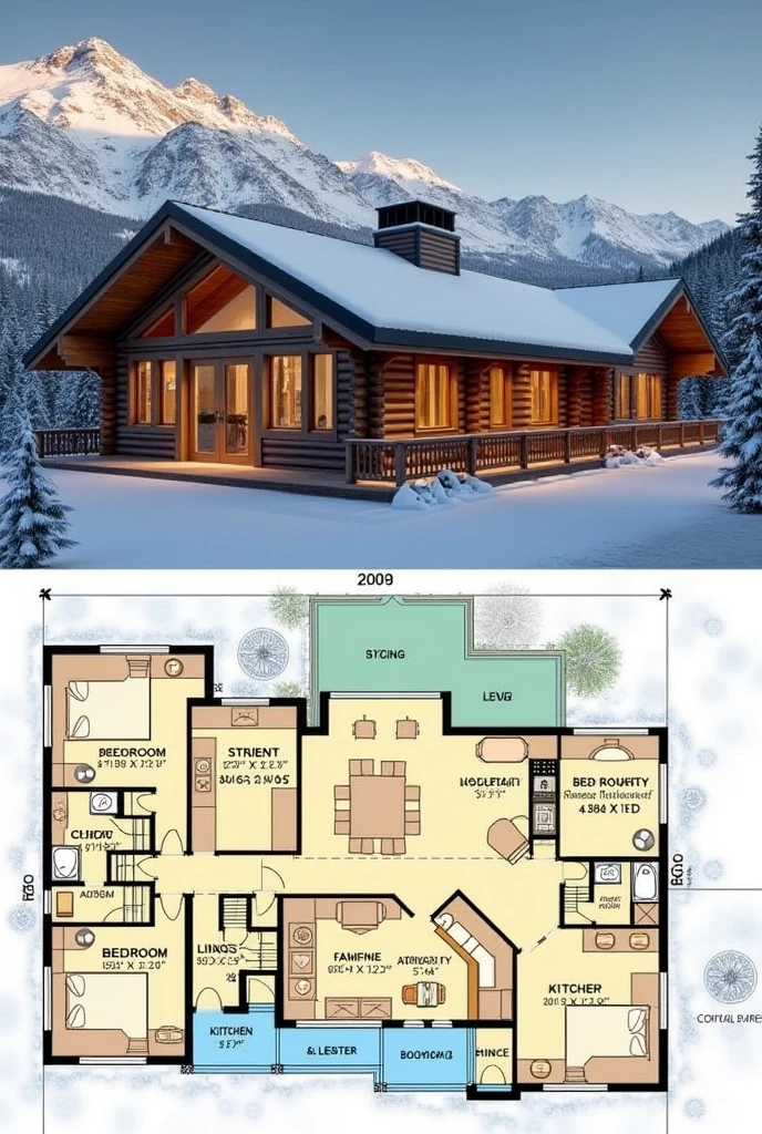 Give me a 2d floor plan of an alpine cabin 100m2 3 bedrooms and 3 bathrooms