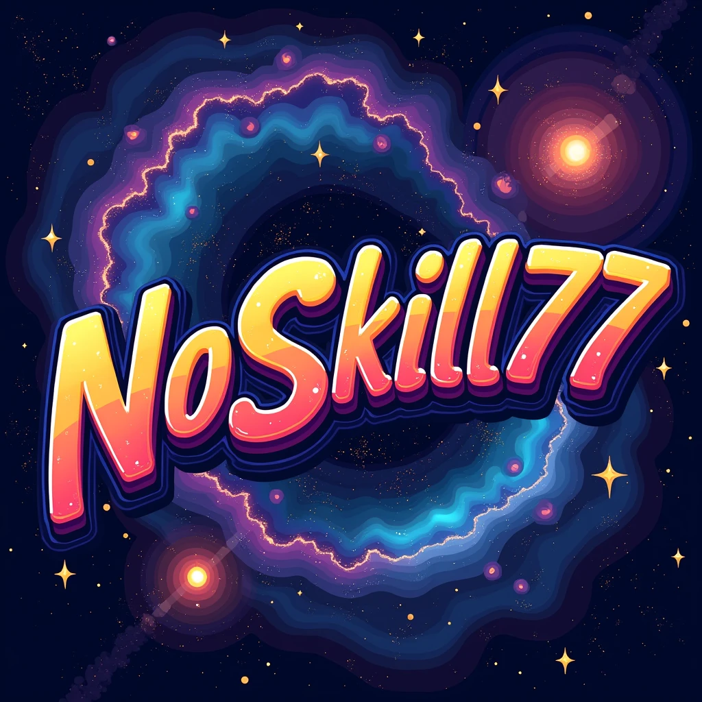 a cartoon image with the word NoSkill77, with realistic dark universe background