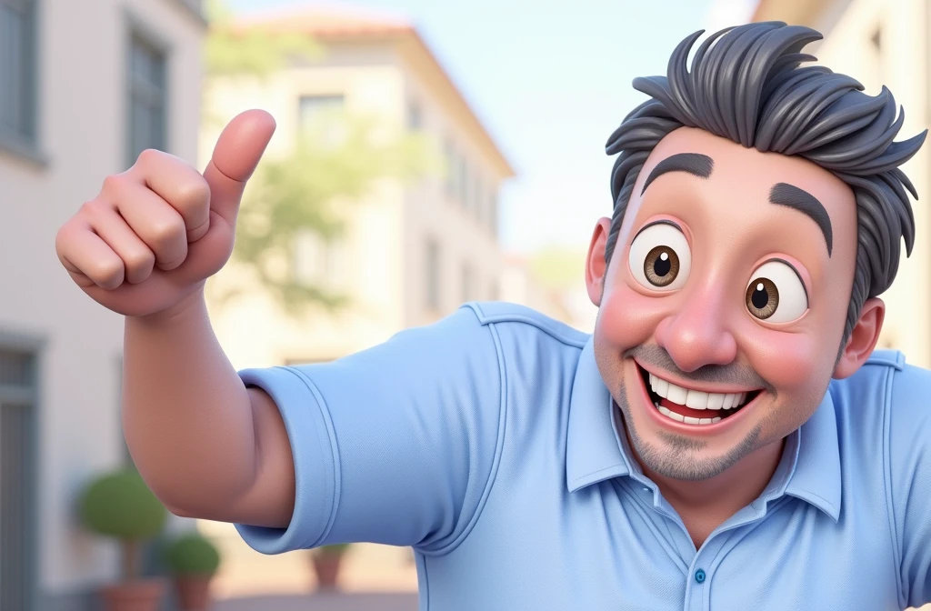 Cartoon character of a man blue shirt, an animated character, stylized character, animation style rendering, 3d stylized, A smiling man in a light blue short-sleeve shirt gives a thumbs-up gesture with his right hand. He has short, dark hair and appears to be in a casual outdoor setting, with a blurred background of warm, neutral tones. His expression conveys happiness and enthusiasm.