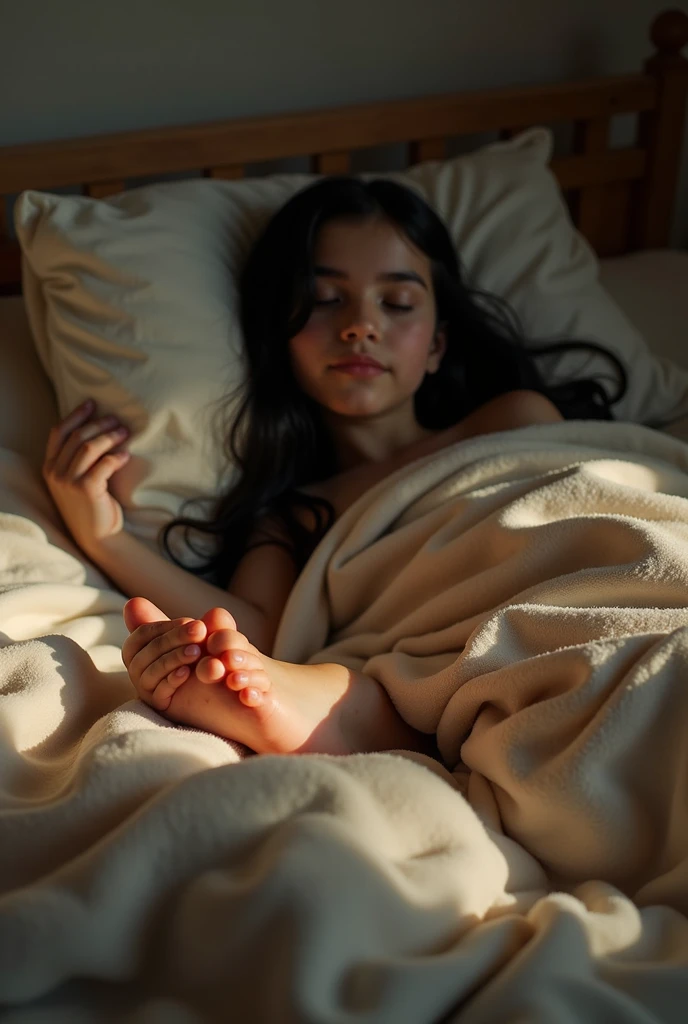 Black hair, Sleeping, girl, feet focus, sweaty, bed, Beautiful feet,