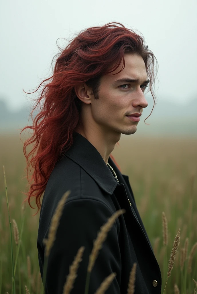 Make a young Germanic man with dark red hair and black hair, His name is Yuu Leir and he is ., He has 1,82 tall, He's a tall man, her hair is long and reaches her back, His face is a little effeminate but his body is thin but strong., he is smiling slightly calmly in a cloudy field without rain, photo realistic image
