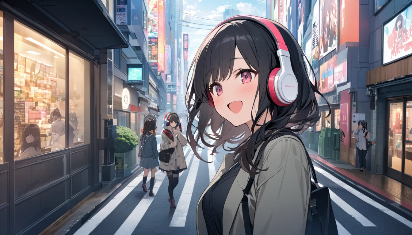 Smiling black-haired woman wearing headphones looking at the city of Tokyo,Streetscape、listen to music、Japanese、I can't open my mouth
