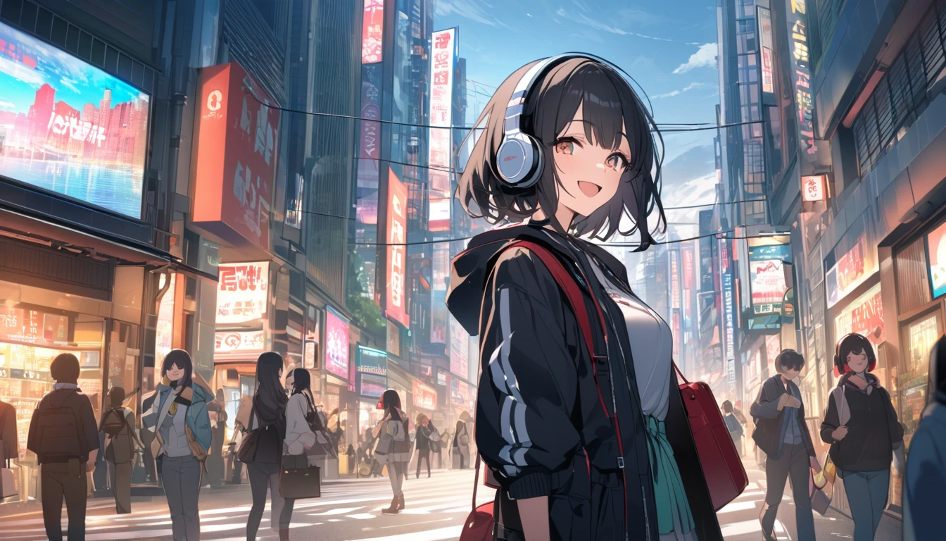 Smiling black-haired woman wearing headphones looking at the city of Tokyo,Streetscape、listen to music、Japanese、I can't open my mouth