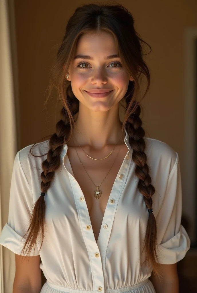,White skin,Braiding,skinny,Thin arms,Narrow shoulders,smile,Perfect Face,View your audience,Medium chest,Nipples,belly button,slim, shirt dress,