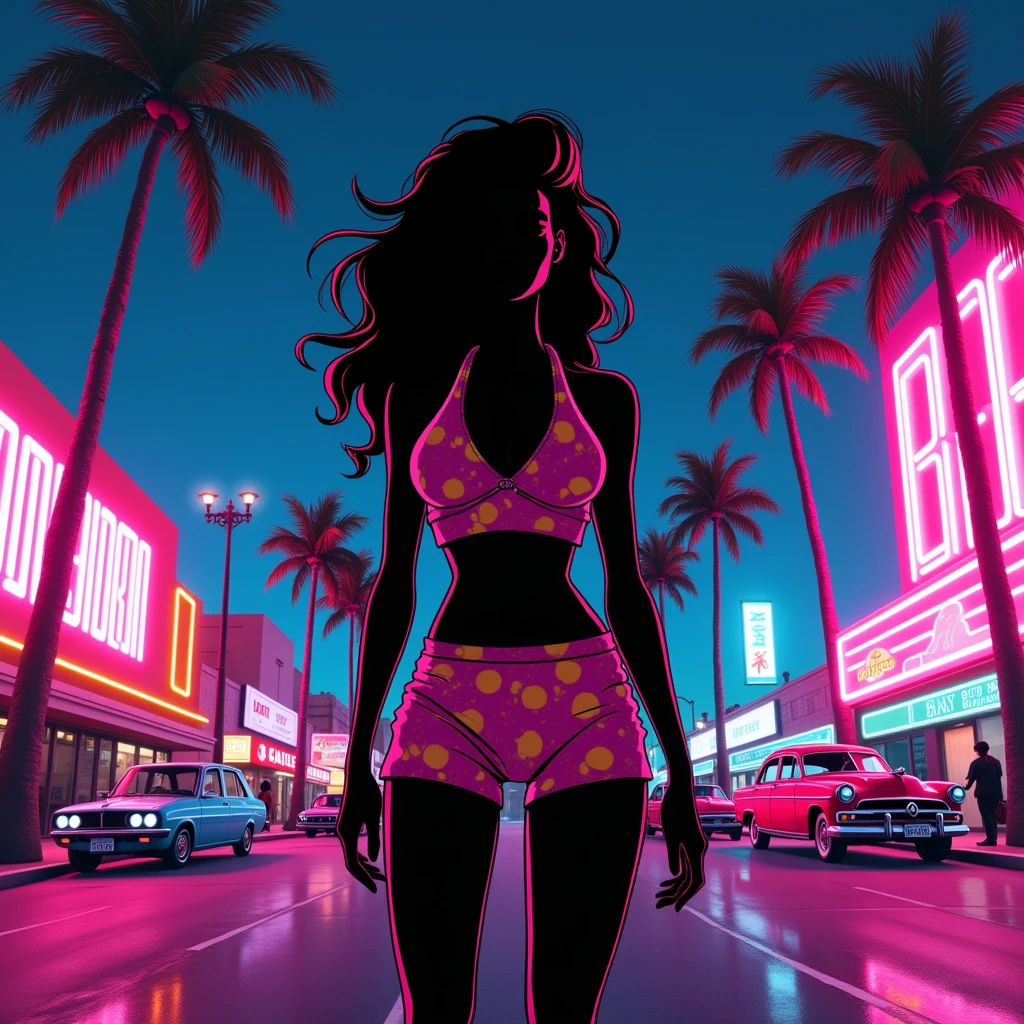 Black shadow of a woman in a cartoon style dress, Vice City GTA