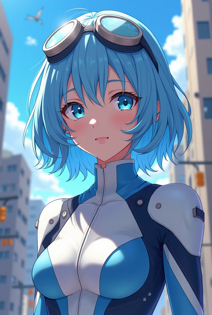 (Anime my hero academia) women, blonde with hair below the shoulder, not so long in layers, in a hero suit like Uraraka's but in pastel blue and without the helmet with white details and sunglasses like goggles on his head. light blue eyes, beautiful. LONGER HAIR, not so much . medium