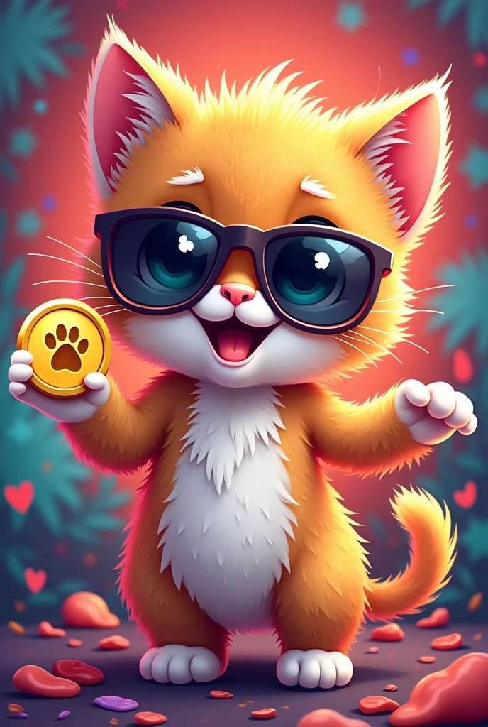 Create a meme-style logo featuring a playful cat character. The cat should be a cute and mischievous kitten with large, expressive eyes, wearing a pair of sunglasses. The kitten could have a cheeky grin, holding a shiny coin with its paw. The coin should have a simple cat paw print symbol on it. The background should be bright and colorful, with a fun, energetic vibe. The logo text should be bold and playful, integrated subtly into the design, reading 'MeowCoin' or 'KittyKoin' in a modern, meme-inspired font.