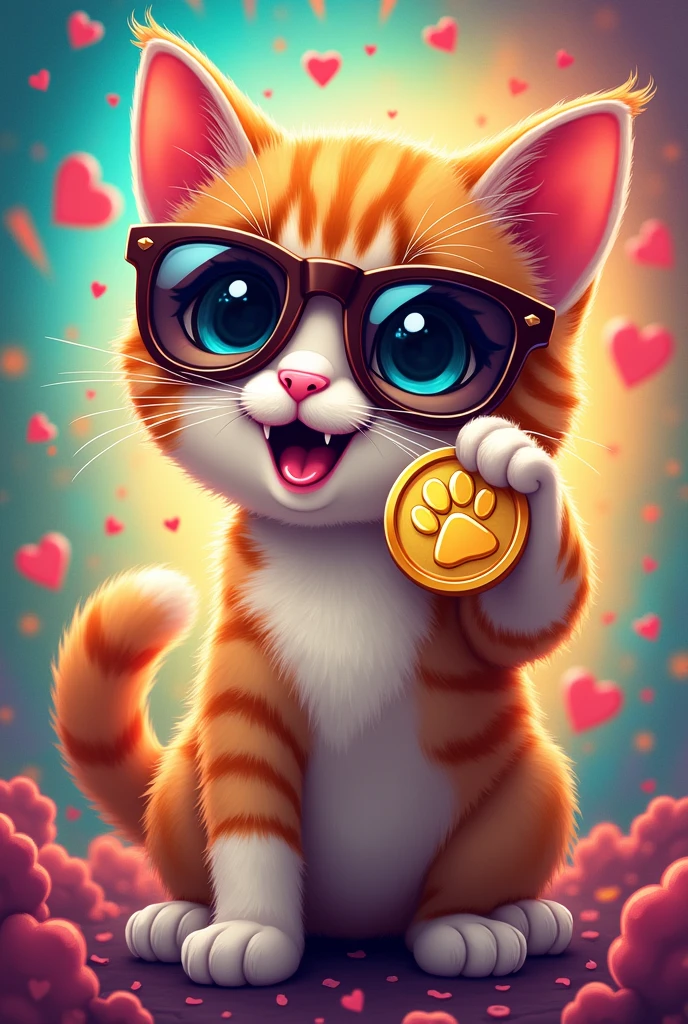 Create a meme-style logo featuring a playful cat character. The cat should be a cute and mischievous kitten with large, expressive eyes, wearing a pair of sunglasses. The kitten could have a cheeky grin, holding a shiny coin with its paw. The coin should have a simple cat paw print symbol on it. The background should be bright and colorful, with a fun, energetic vibe. The logo text should be bold and playful, integrated subtly into the design, reading 'MeowCoin' or 'KittyKoin' in a modern, meme-inspired font.