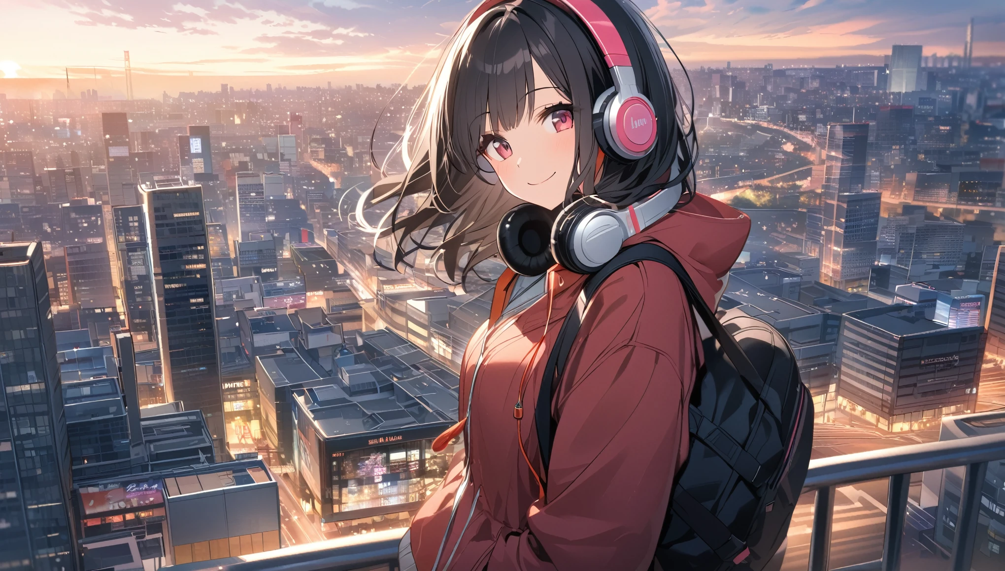 Smiling black-haired woman wearing headphones looking at the city of Tokyo,Streetscape、listen to music、Japanese