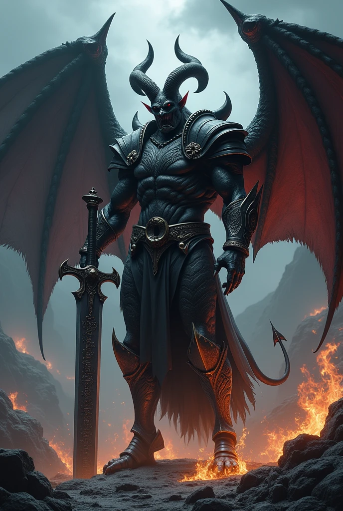  a realistic  devil wih tail devil horn ans burning  dark wing with badass Armor  and Sword 