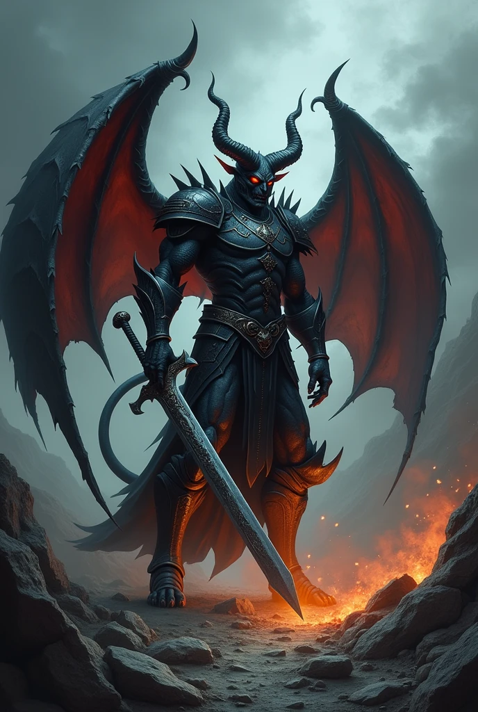 a realistic devil wih tail devil horn ans burning dark wing with badass Armor and Sword