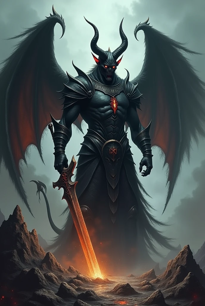  a realistic  devil wih tail devil horn ans burning  dark wing with badass Armor  and Sword 