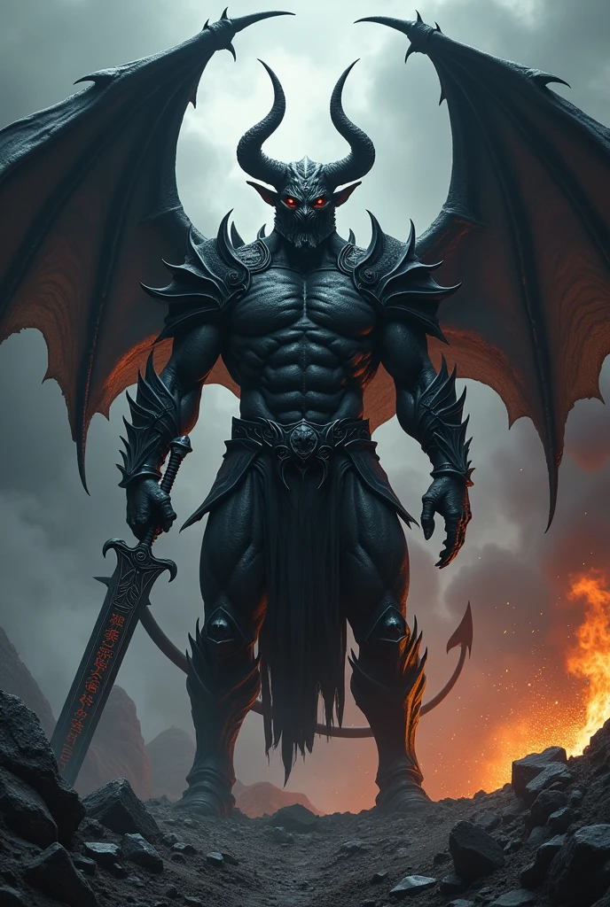 a realistic devil wih tail devil horn ans burning dark wing with badass Armor and Sword