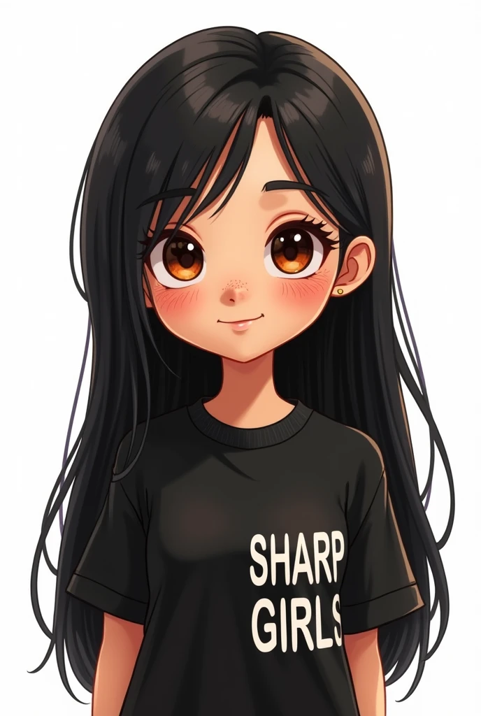 Cartoon of a girl with very straight black hair, face with freckles, brown balios, black blouse with the small name SHARP GIRLS on the shirt on the side of the chest, image background all white