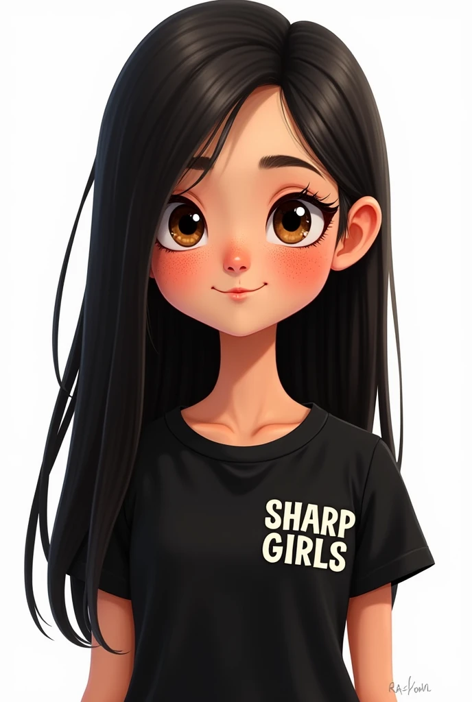 Cartoon of a girl with very straight black hair, face with freckles, brown balios, black blouse with the small name SHARP GIRLS on the shirt on the side of the chest, image background all white